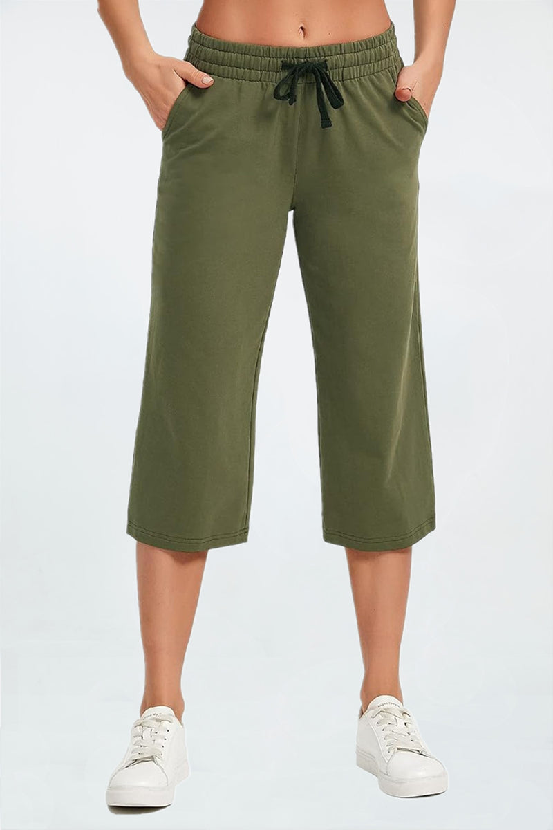 Women's Wide Leg Capris Trousers Gaucho Pants High Waisted Cotton