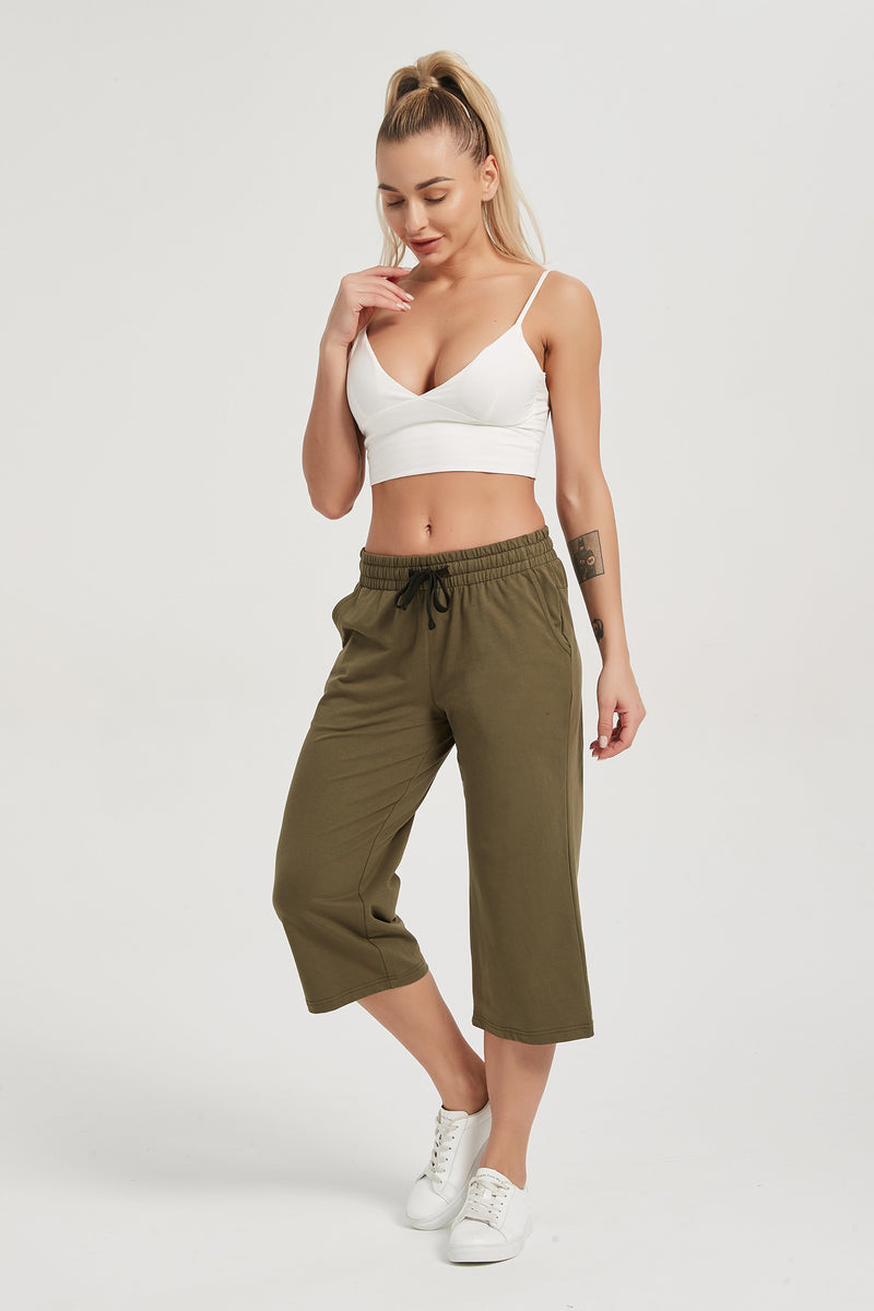 Women's Wide Leg Capris Trousers Gaucho Pants High Waisted Cotton Lace Up SweatPants IGUANA SPORT